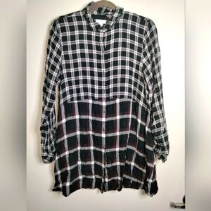 J. Jill (Size M) Red, Black & White Plaid Button Down Slip Pocket LS Tunic Shirt